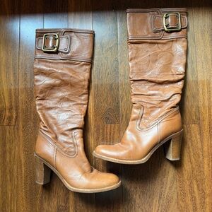 Coach Merridith brown leather monogram heeled boots. Size 6.5